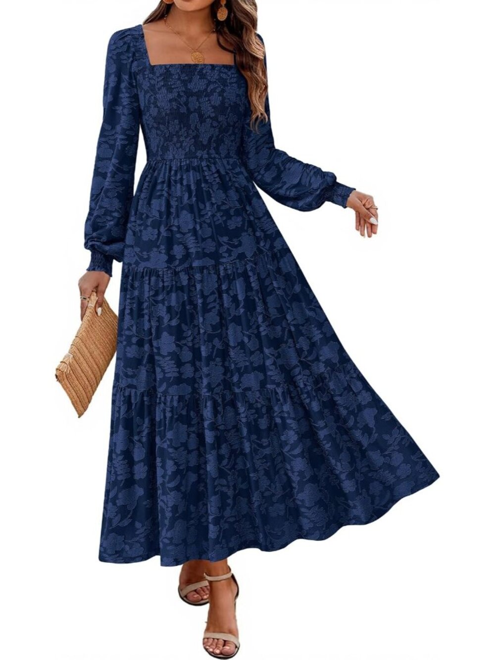 Women's Navy Blue Long Sleeve Square Neck High Waist With Pockets Maxi Dress